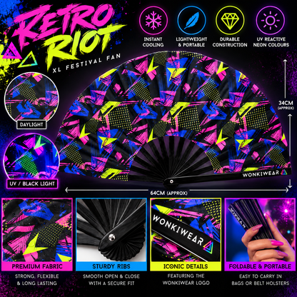 WonkiWear Retro Riot XL festival fan infographic featuring neon pink, electric blue and yellow-green geometric print, black ribs, fabric and logo close-ups, and normal-light versus UV blacklight views.
