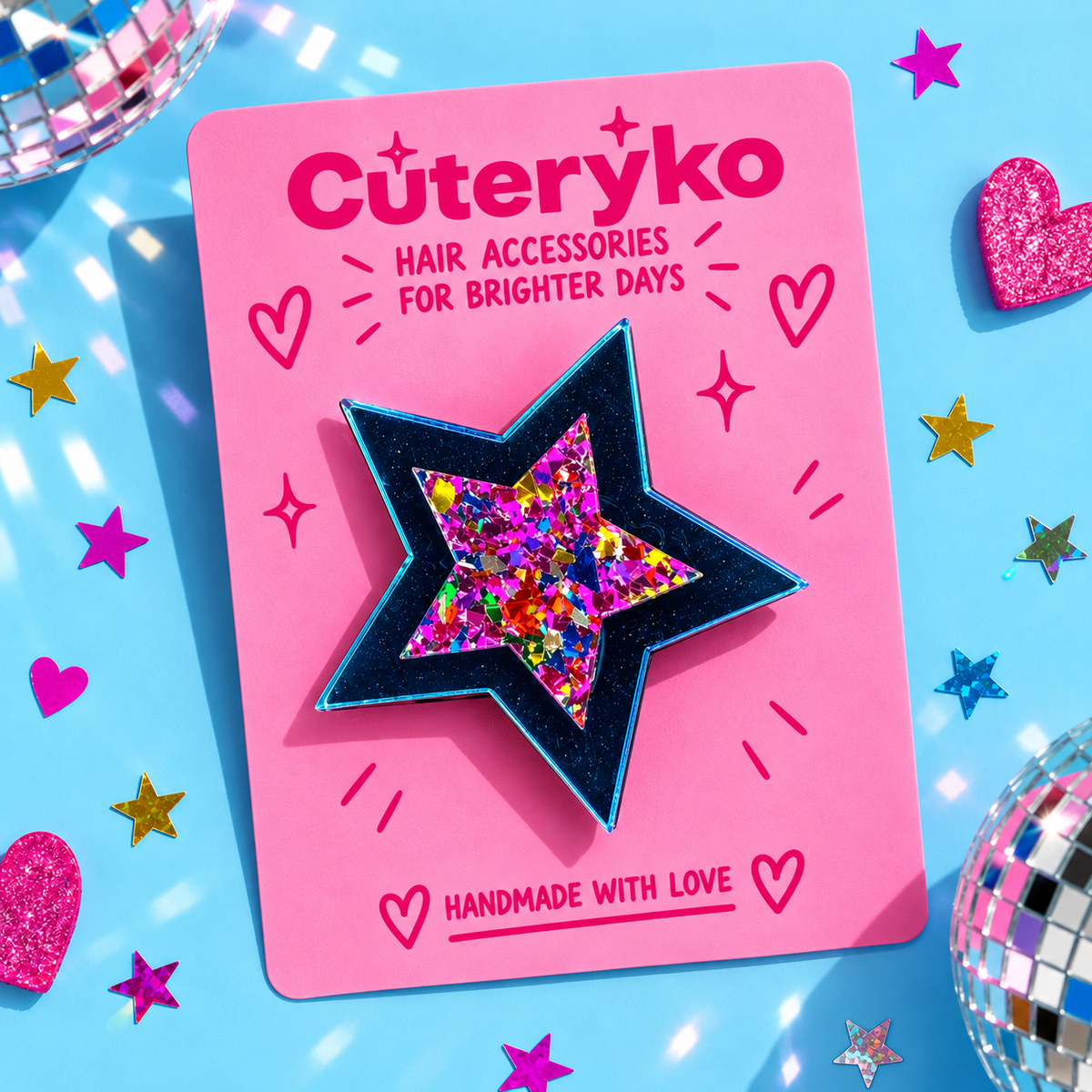 Retro star hair clip with deep blue acrylic and colourful confetti glitter by Cuteryko