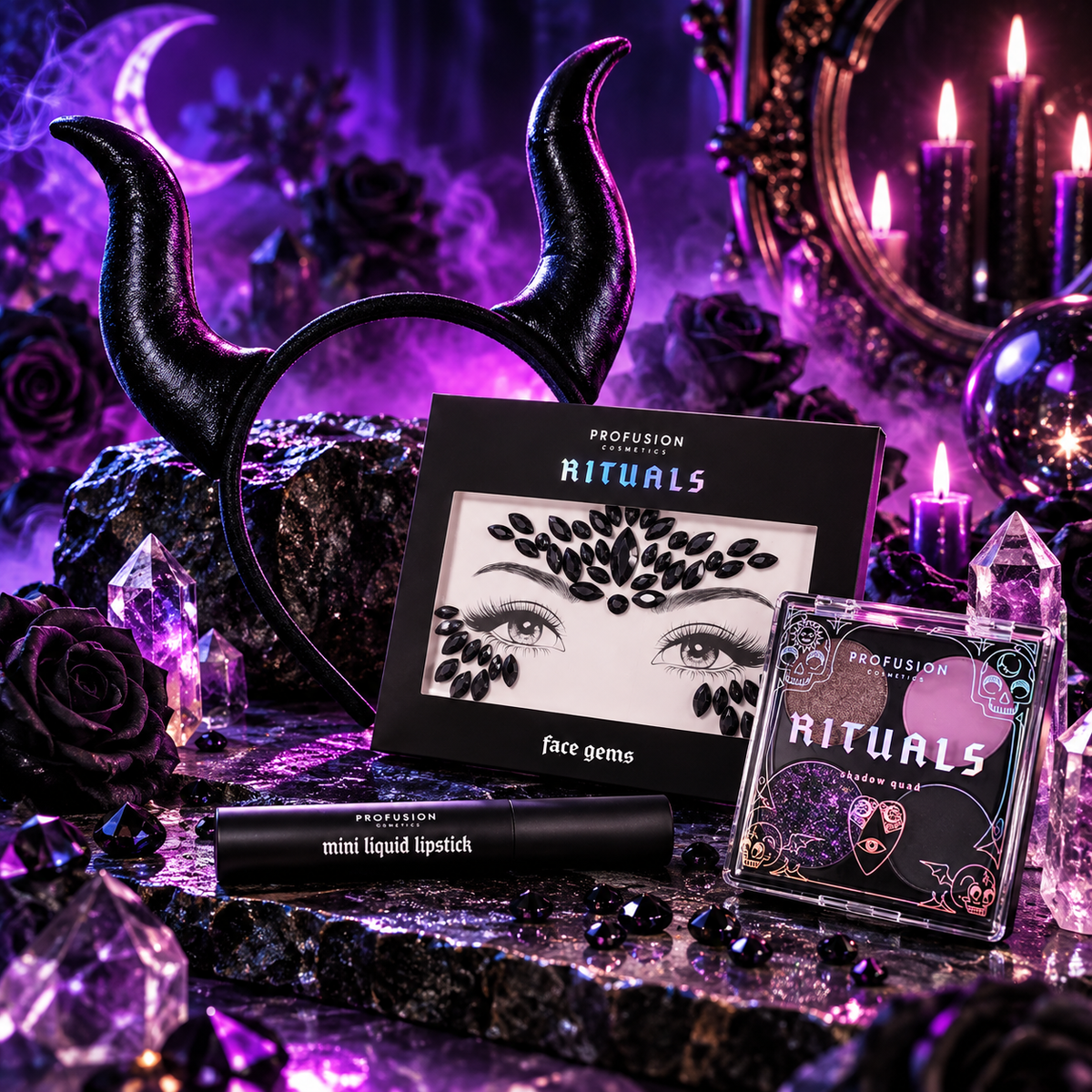 Rituals 4PC gothic makeup set with devil horn headband, black face gems, shimmer eyeshadow and liquid lipstick