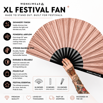 Benefits infographic showing features of WonkiWear rose gold shimmer festival fan