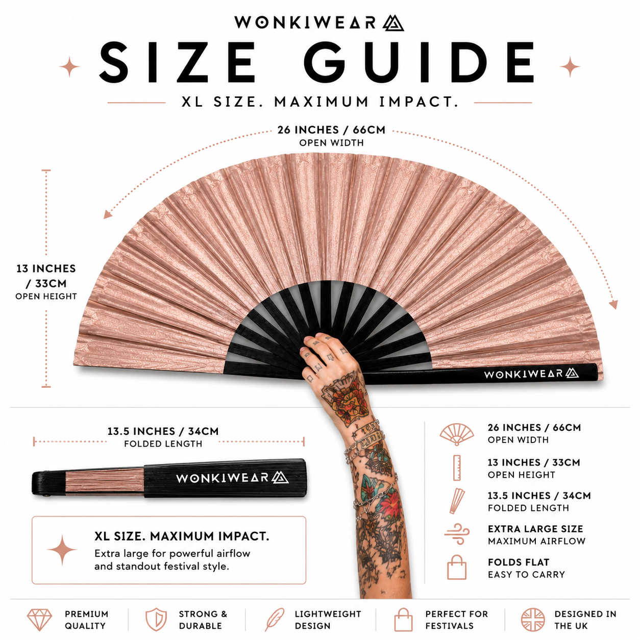 Size infographic showing 26 inch dimensions of XL rose gold shimmer festival fan