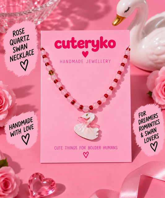 Rose Quartz Swan Necklace with pink and red beads and swan bow charm by Cuteryko