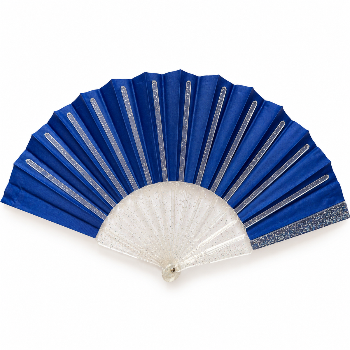 Reverse side of a royal blue folding fan showing pleated fabric, transparent glitter-filled ribs and clear glitter-speckled outer guard on a white background.