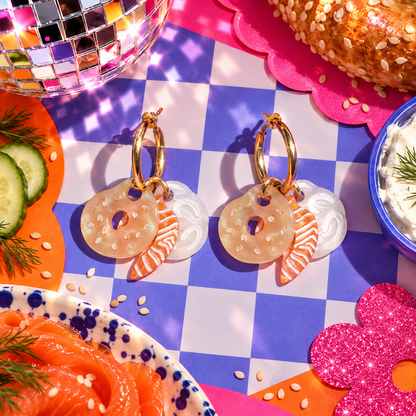 Salmon and cream cheese bagel hoop earrings with bagel, salmon and cream cheese charms by Cuteryko