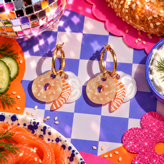 Salmon and cream cheese bagel hoop earrings with bagel, salmon and cream cheese charms by Cuteryko