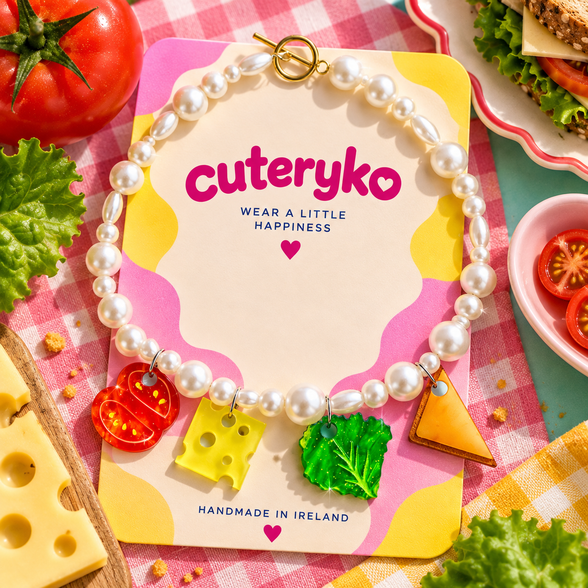 Sandwich Pearl Necklace with tomato, cheese, lettuce and bread charms by Cuteryko