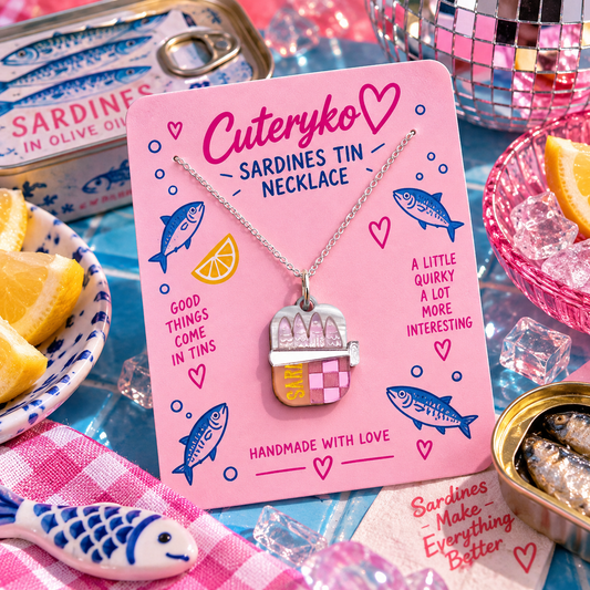 Sardines Tin Necklace with colourful tinned fish pendant by Cuteryko