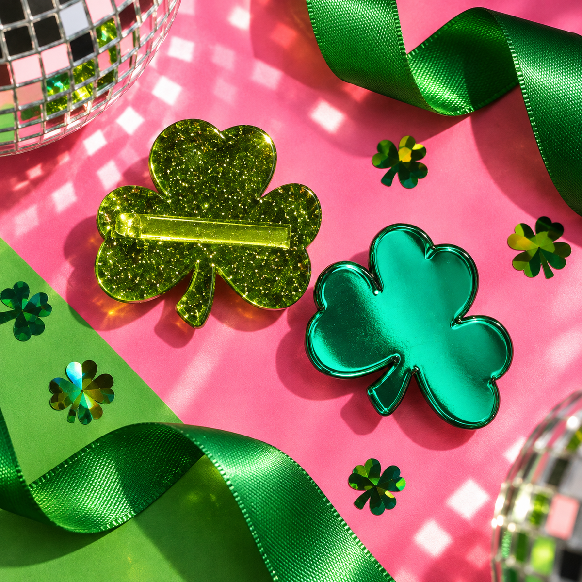 Shamrock Hair Clips set of 2 with reflective and sparkly green clover designs by Cuteryko