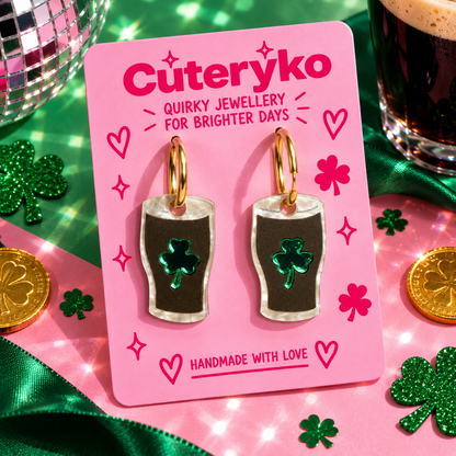 Shamrock Stout Hoop Earrings with pint-shaped charms and green shamrock details by Cuteryko