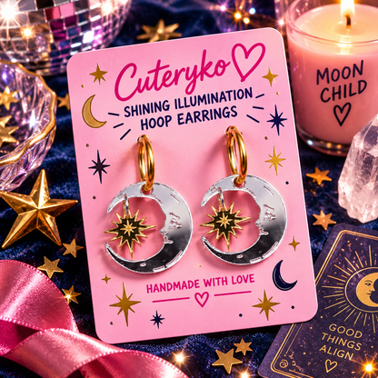 Shining Illumination hoop earrings with silver crescent moons and golden starburst charms by Cuteryko