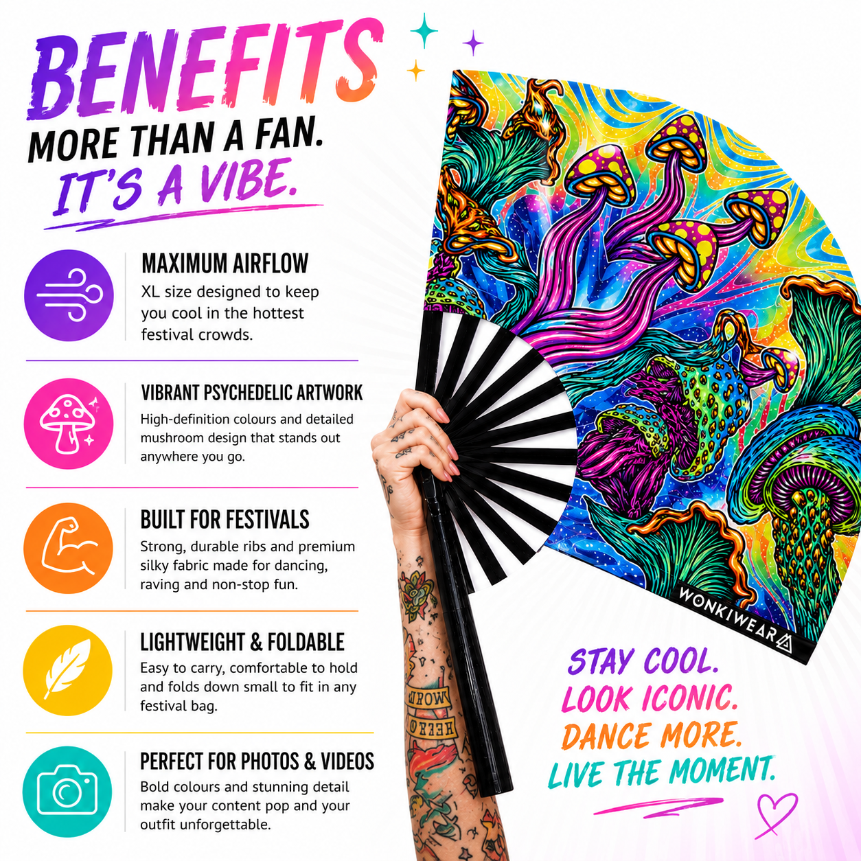 Benefits of the XL Shroomland festival fan including powerful airflow, premium silky fabric and durable bamboo ribs