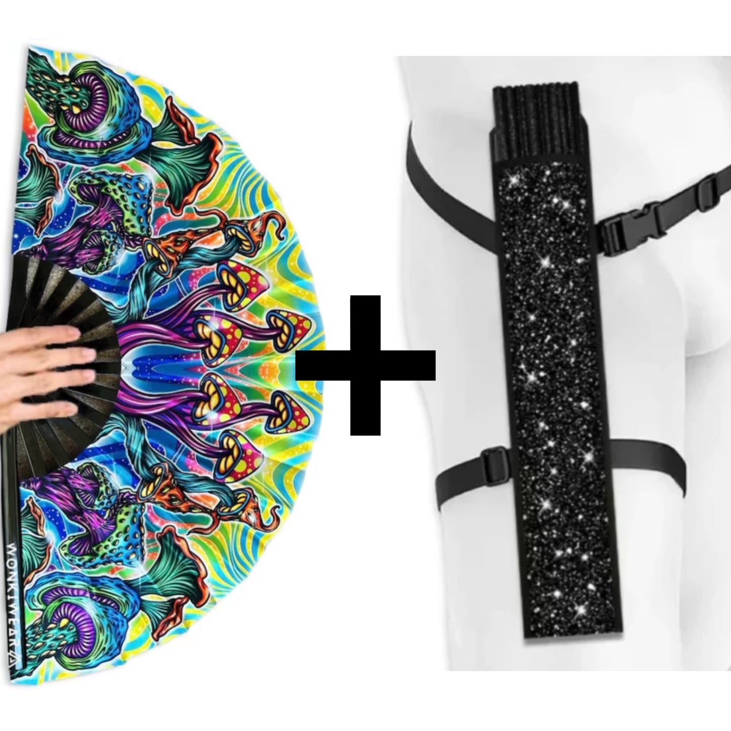 XL Shroomland mushroom festival fan bundled with wearable festival fan black holster