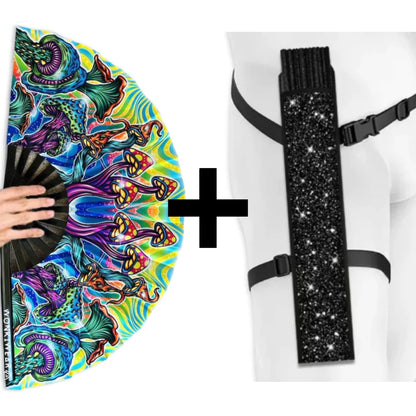 XL Shroomland mushroom festival fan bundled with wearable festival fan black holster