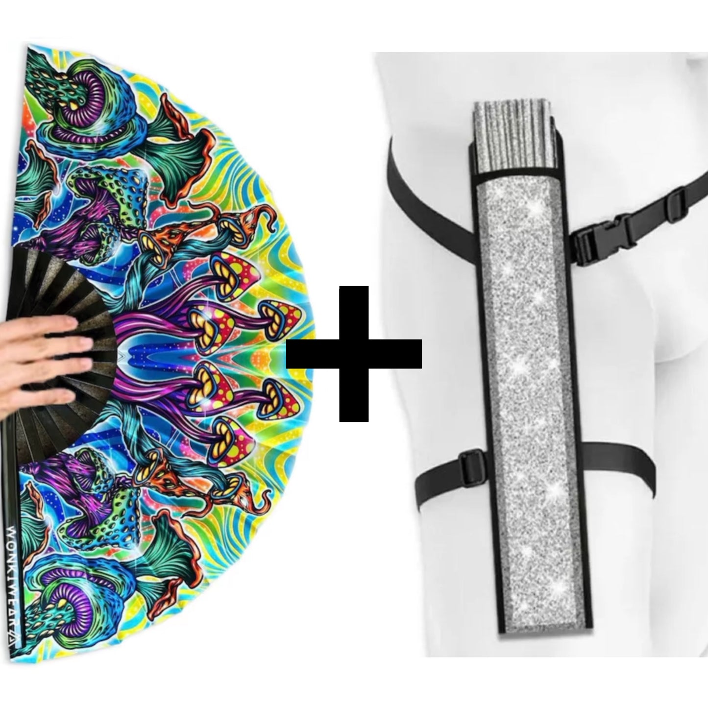XL Shroomland mushroom festival fan bundled with wearable festival fan silver holster