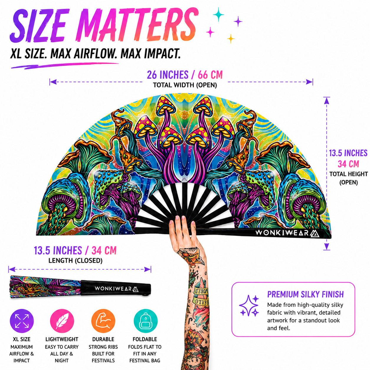 Dimensions of XL Shroomland festival fan showing 26 inch width and 13.5 inch folded length