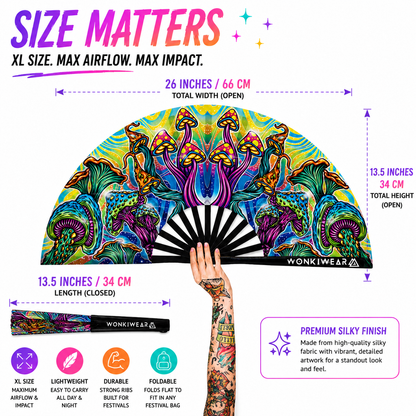 Dimensions of XL Shroomland festival fan showing 26 inch width and 13.5 inch folded length