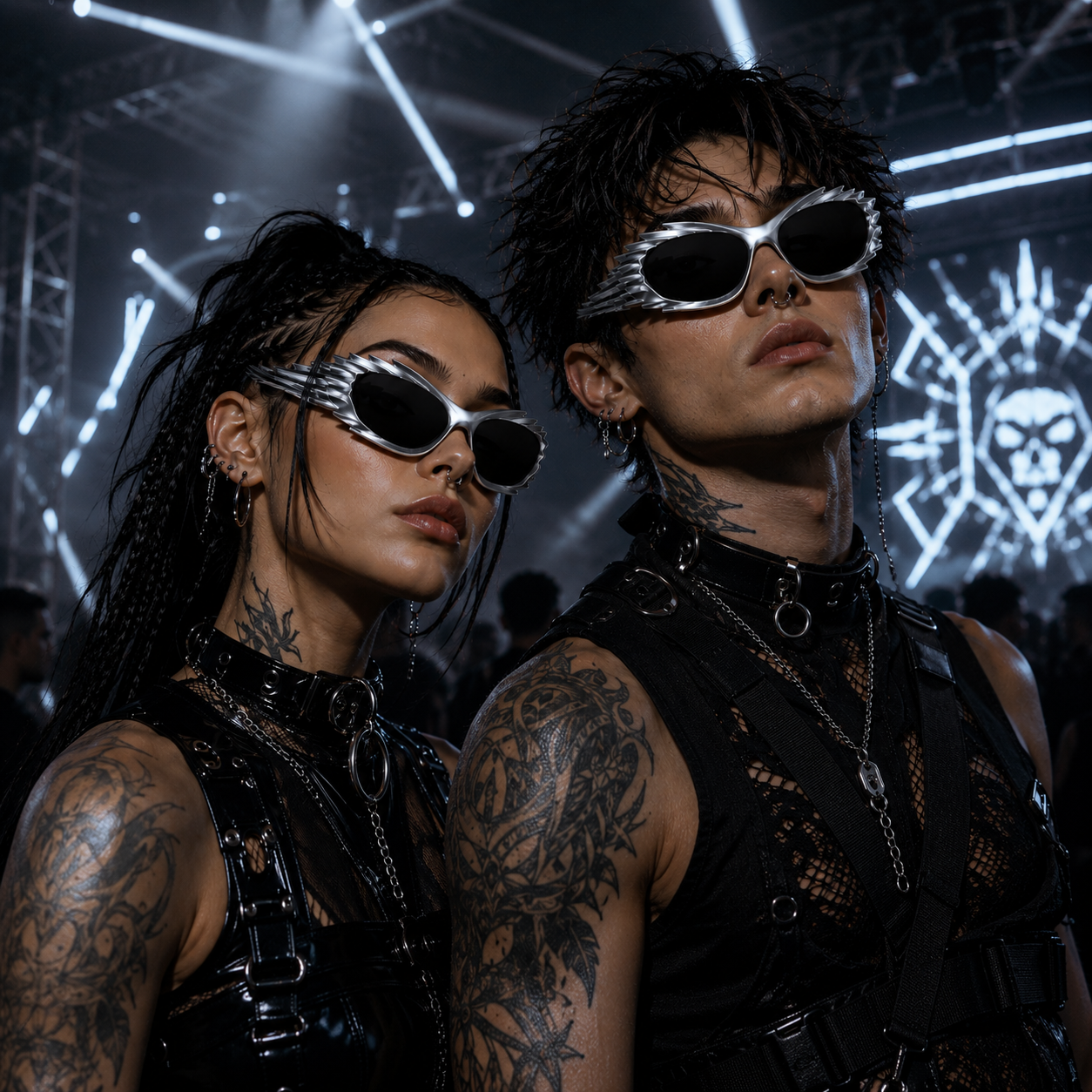 Festival models wearing silver futuristic spikey ridged cyber sunglasses