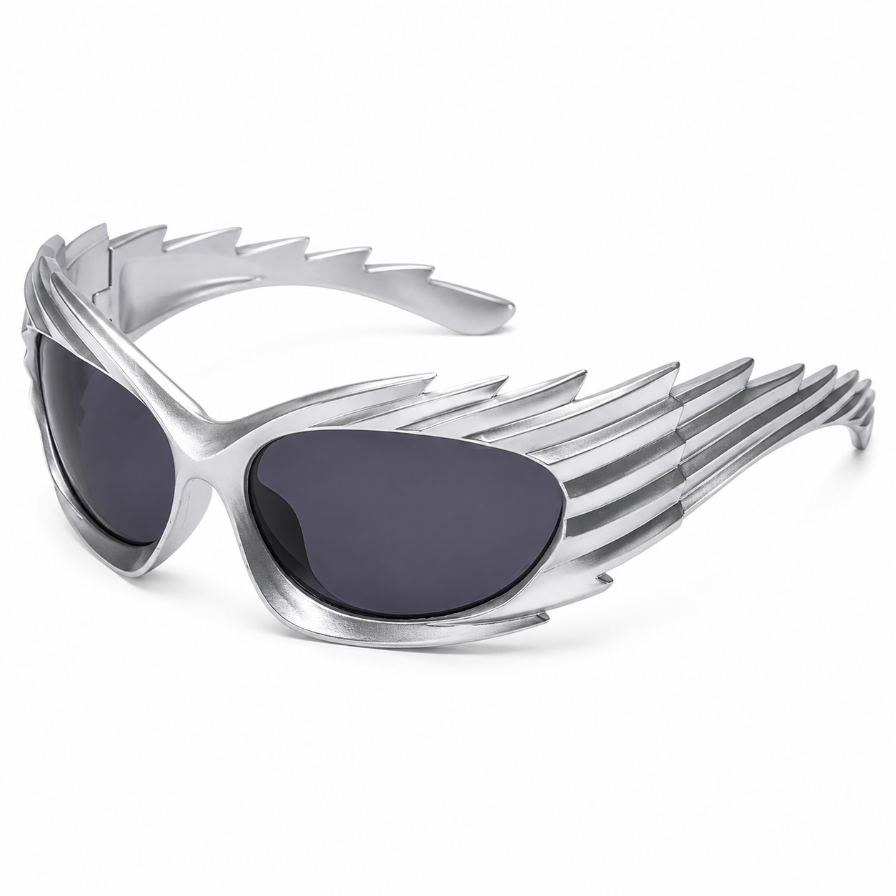 Silver futuristic spikey ridged festival sunglasses on white background