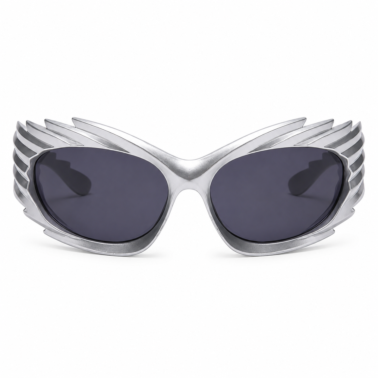 Front view of silver futuristic spikey ridged statement sunglasses