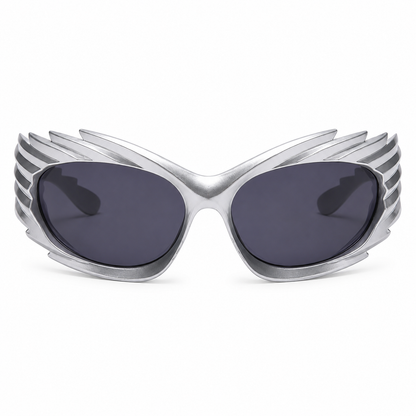 Front view of silver futuristic spikey ridged statement sunglasses