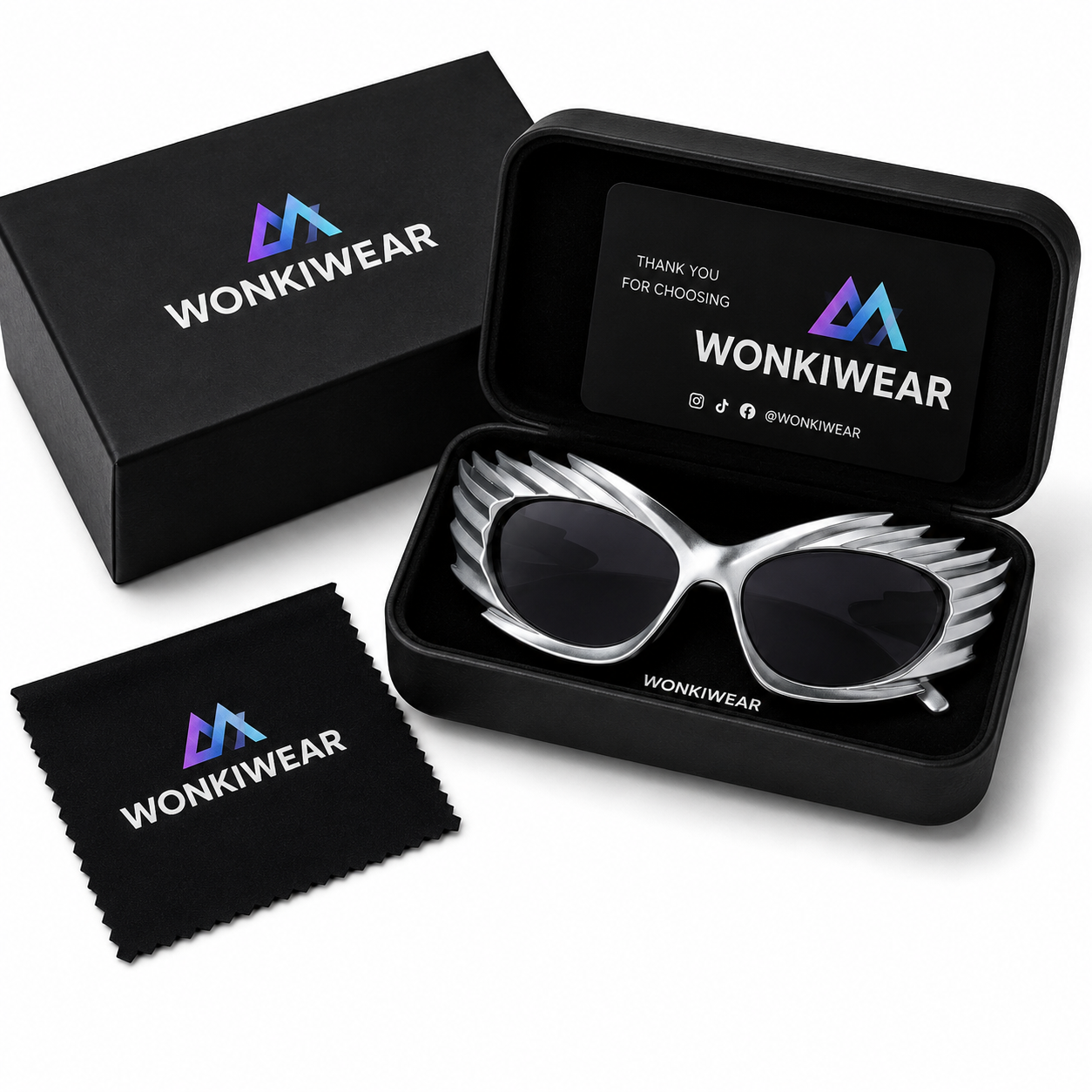 Silver futuristic spikey ridged sunglasses in WonkiWear premium gift box