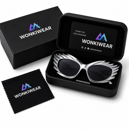 Silver futuristic spikey ridged sunglasses in WonkiWear premium gift box