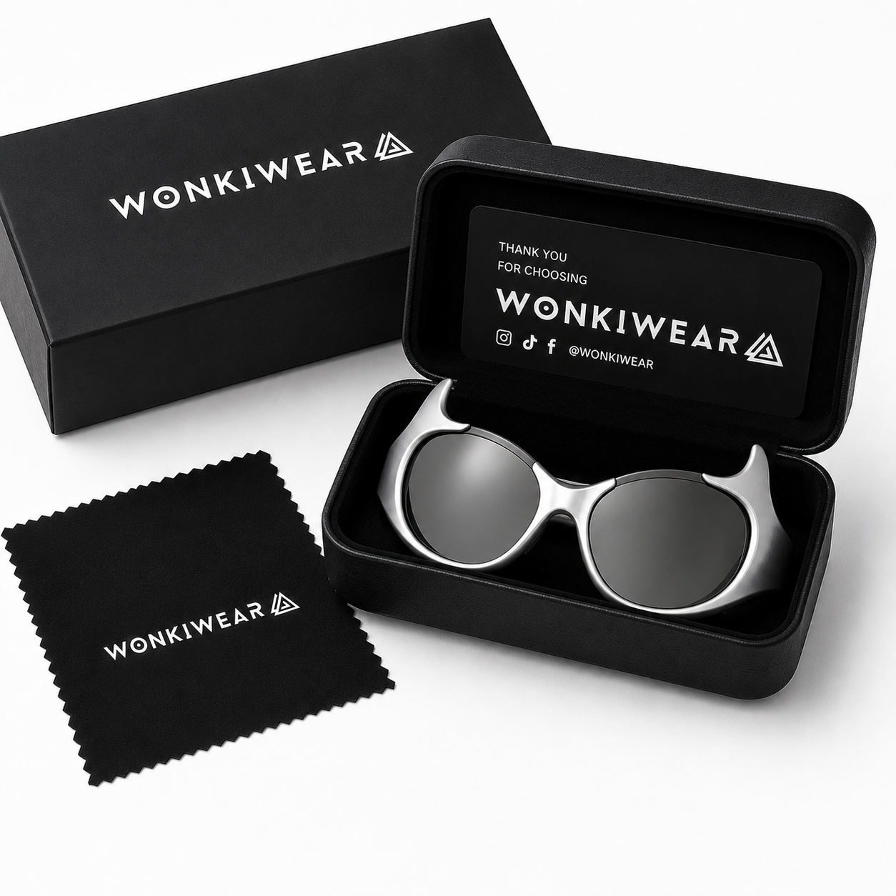 Silver futuristic animal instinct sunglasses in WonkiWear premium gift box