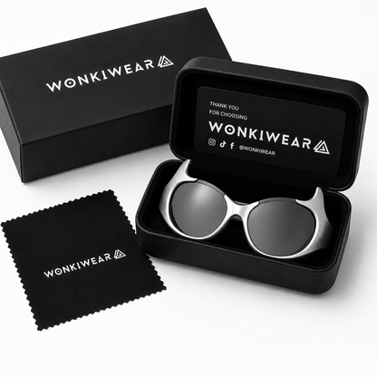 Silver futuristic animal instinct sunglasses in WonkiWear premium gift box
