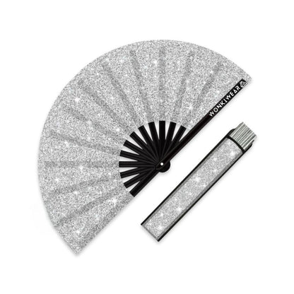Silver glitter folding festival fan with matching leg holster