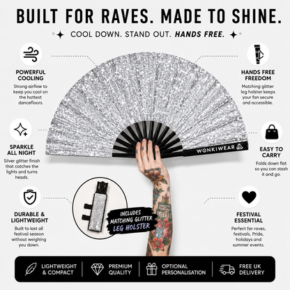 Silver glitter festival fan benefits infographic showing cooling and hands free features