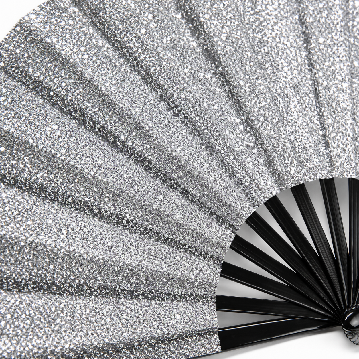 Close up glitter detail of silver festival folding fan