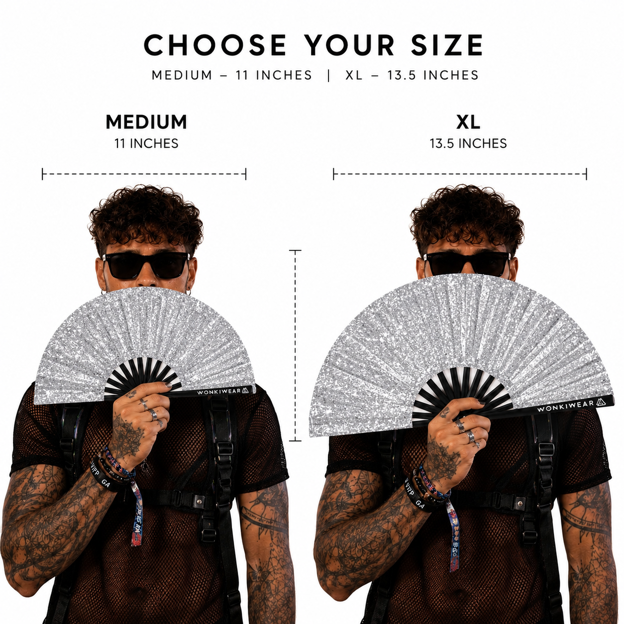 Size comparison of medium and XL silver glitter festival fans held by model