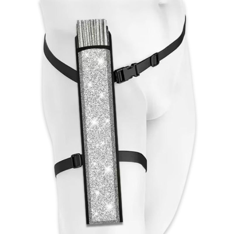Close up of silver glitter festival fan leg holster
