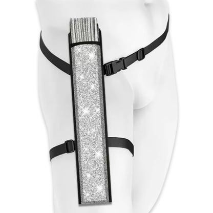 Close up of silver glitter festival fan leg holster