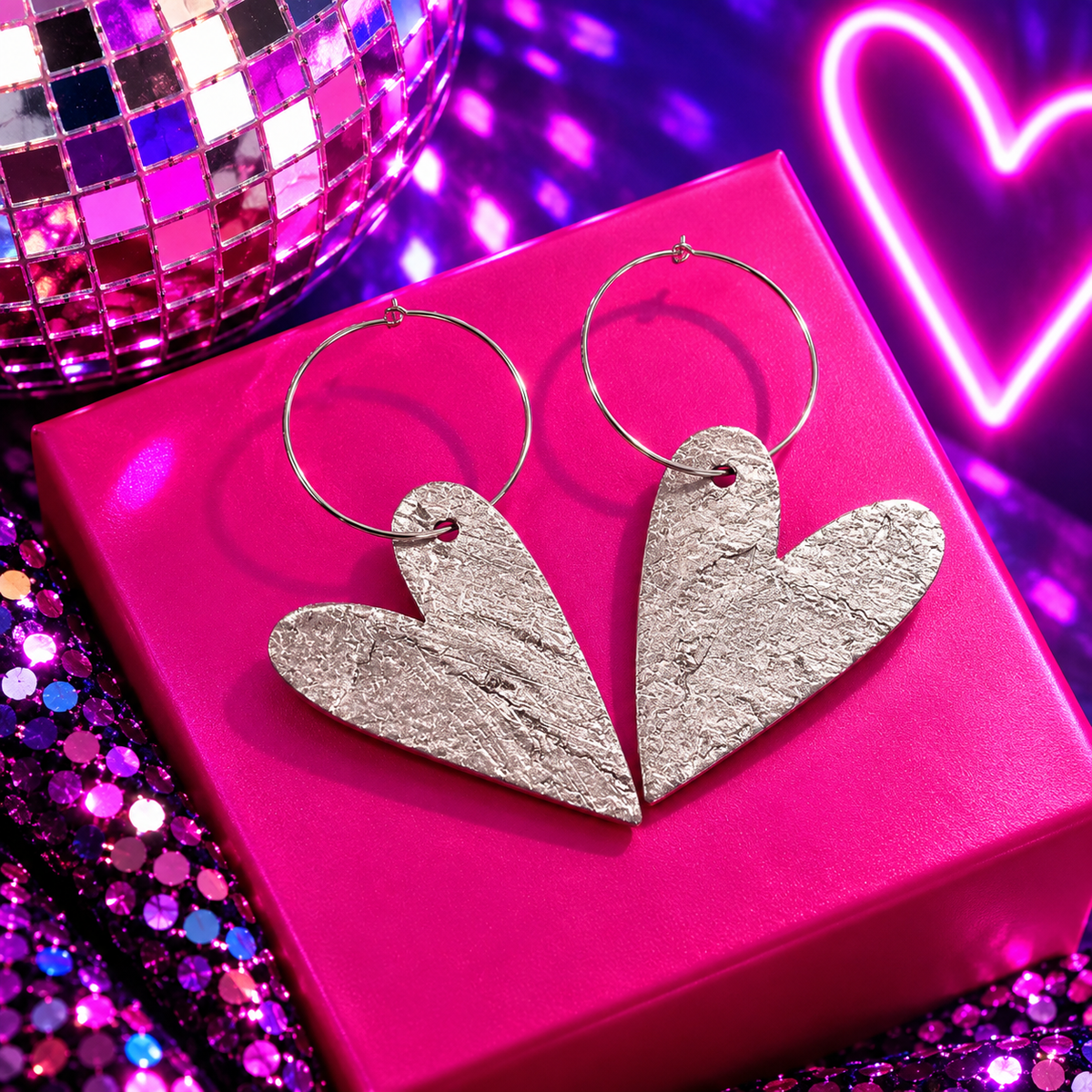 Silver heart hoop earrings with large metallic cork heart charms