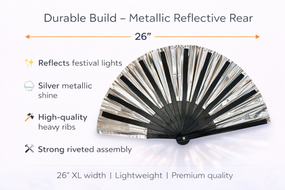 Silver metallic rave fan reverse reflective finish XL festival fan WonkiWear