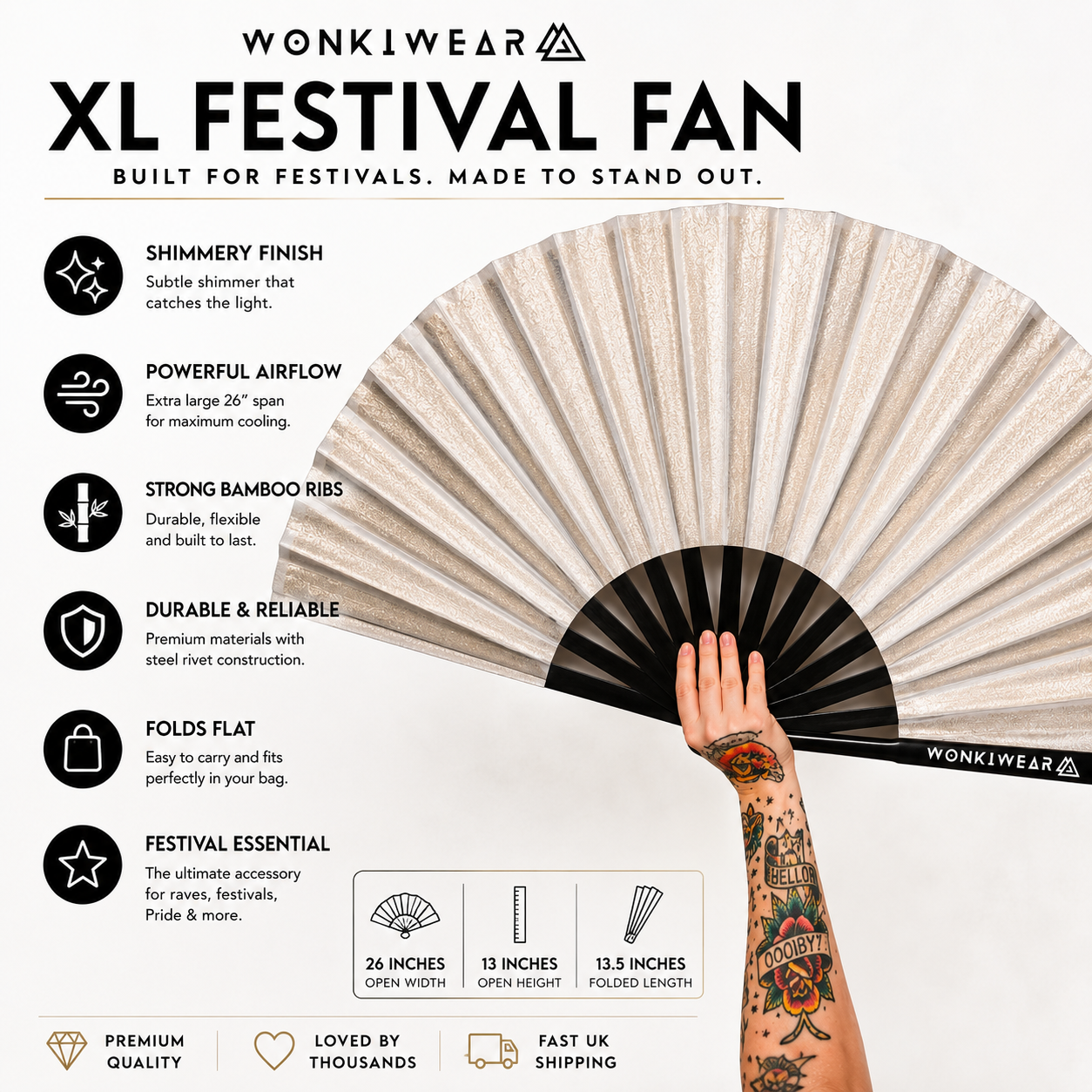 Benefits infographic showing features of WonkiWear silver shimmer XL festival fan