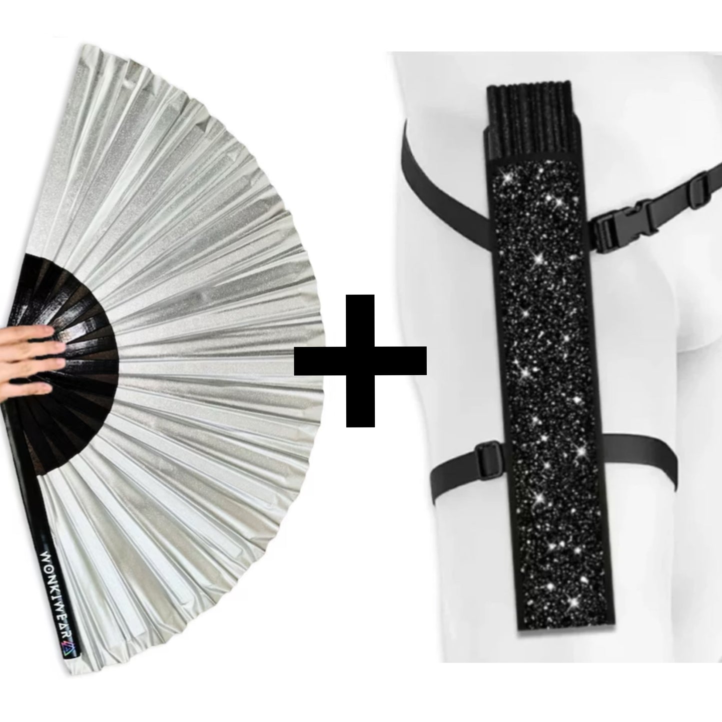 WonkiWear silver shimmer festival fan with matching black fan holster