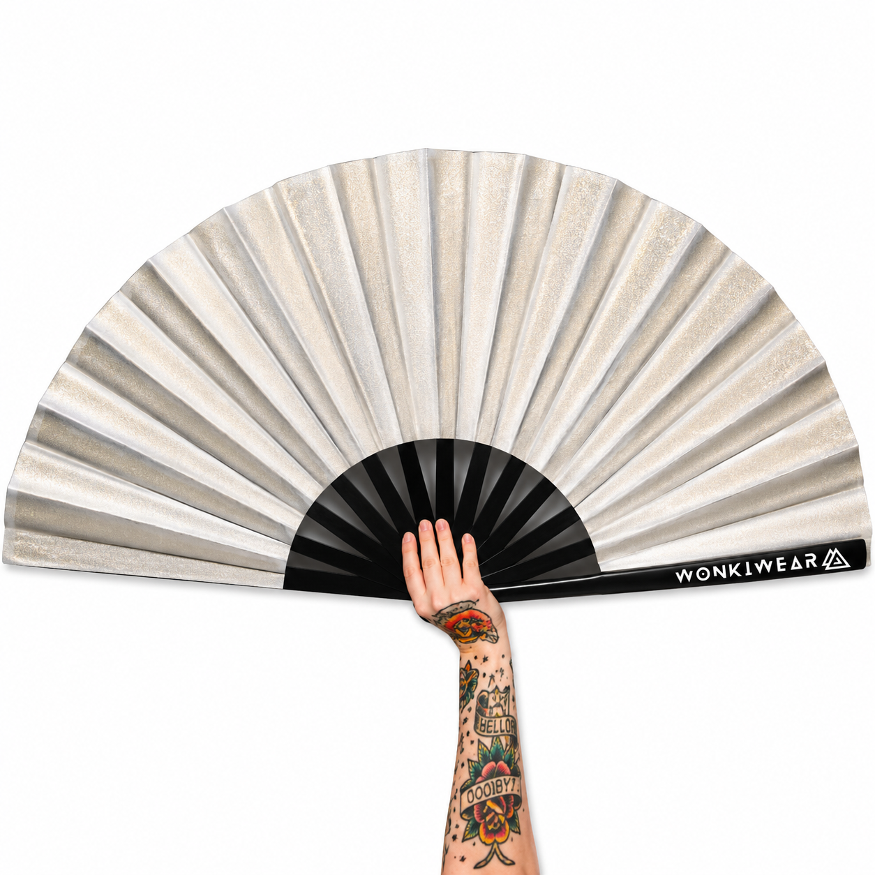 XL silver shimmer festival fan with metallic finish, black bamboo ribs and WonkiWear logo