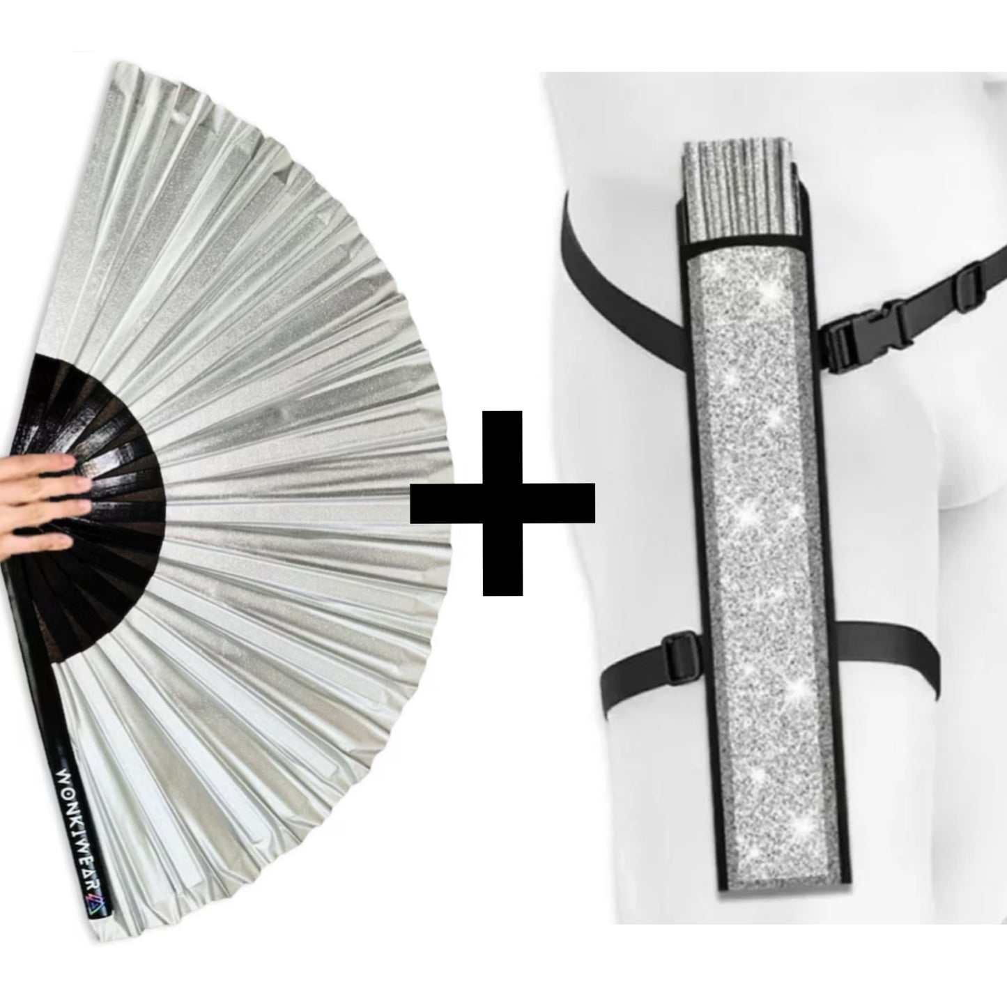 WonkiWear silver shimmer festival fan with matching silver fan holster
