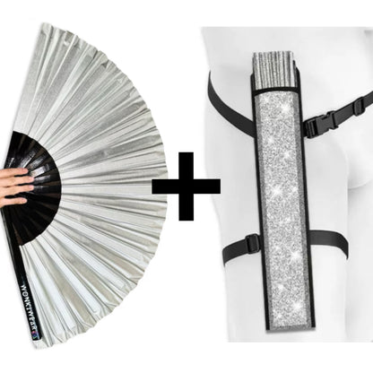 WonkiWear silver shimmer festival fan with matching silver fan holster