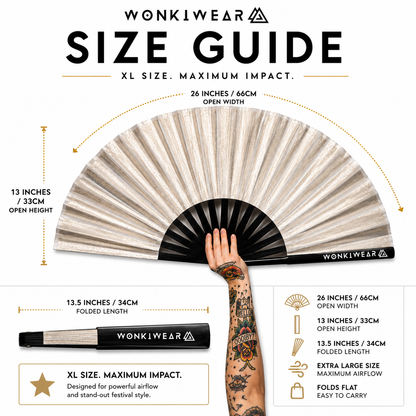 Size infographic showing dimensions of XL silver shimmer festival fan