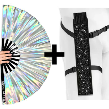 Silver iridescent rave fan with black glitter holster festival accessory bundle