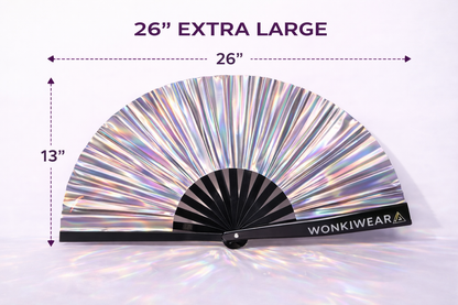 Silver Stardust rave fan size guide showing 26 inch extra large dimensions