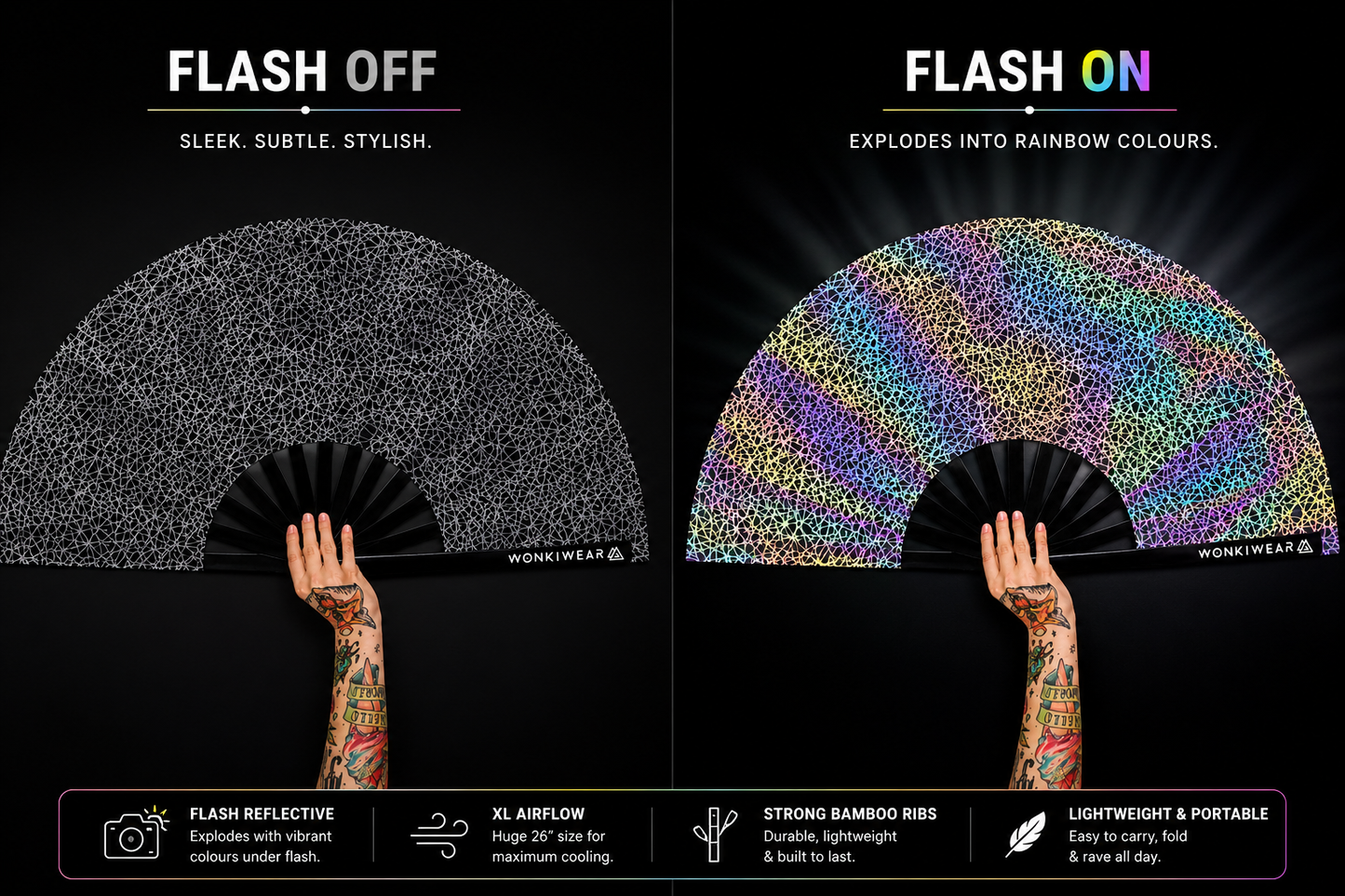 Comparison of WonkiWear silver web reflective festival fan with flash on and flash off