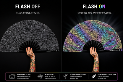 Comparison of WonkiWear silver web reflective festival fan with flash on and flash off