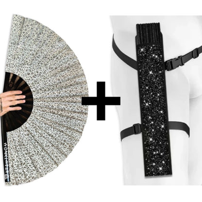 WonkiWear silver web flash reflective festival fan with matching black shimmer leg holster