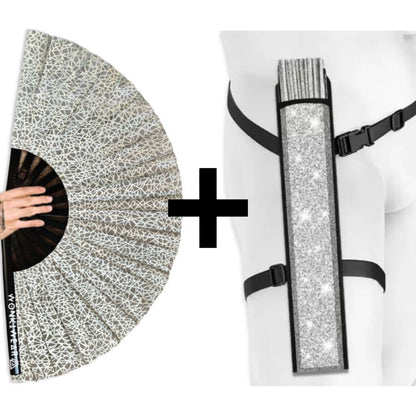 WonkiWear silver web flash reflective festival fan with matching silver shimmer leg holster