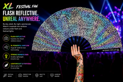 Benefits graphic for WonkiWear XL silver web reflective rave fan showing reflective material and bamboo ribs