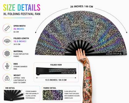 Dimensions of XL WonkiWear silver web folding festival fan measuring 26 inches wide